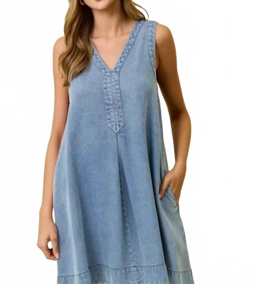 NEW DOE AND RAE denim v neck sleeveless mini dress in blue